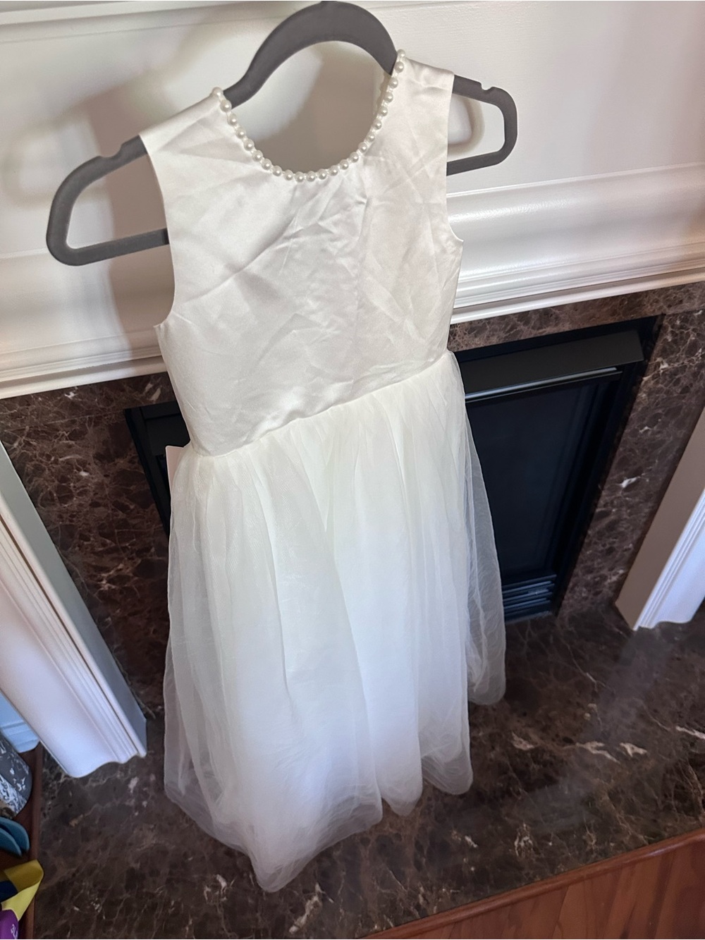 White Pearl-Trim Girls' Tulle Dress